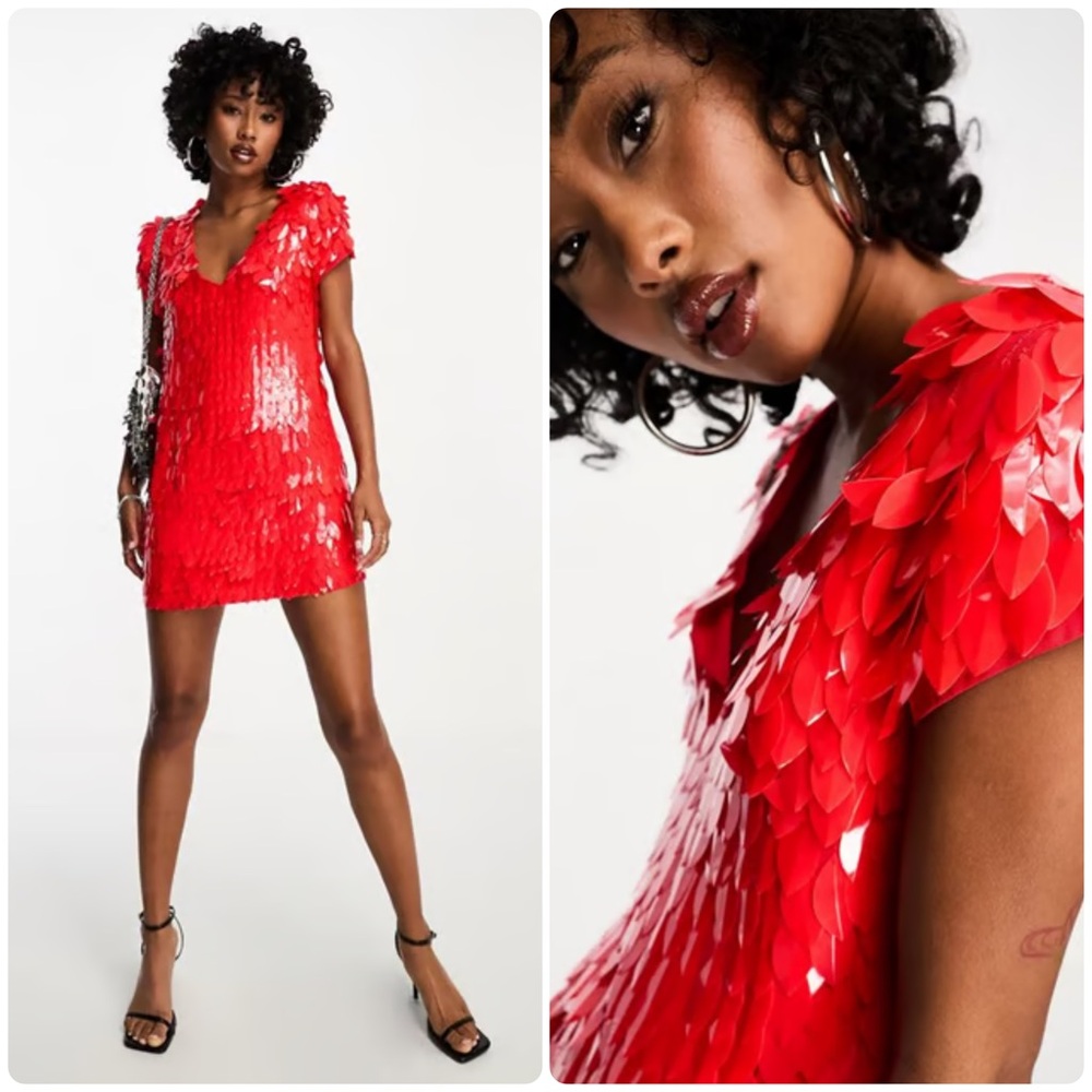 ✨❤️‍🔥ASOS DESIGN Feather Embellished Mini Dress – Red | Size 10 ✨ - Picture 3 of 13